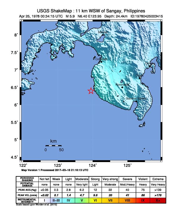 USGS ShakeMap: estimated shaking intensity around the epicenter