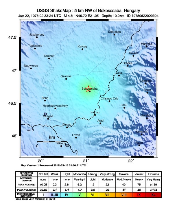 USGS ShakeMap: estimated shaking intensity around the epicenter