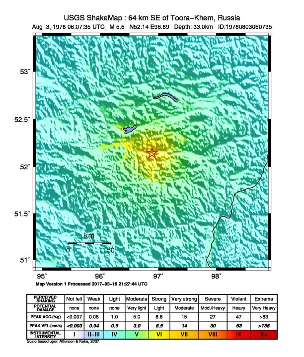USGS ShakeMap: estimated shaking intensity around the epicenter