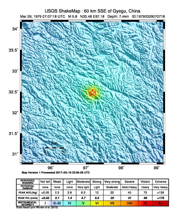 USGS ShakeMap: estimated shaking intensity around the epicenter
