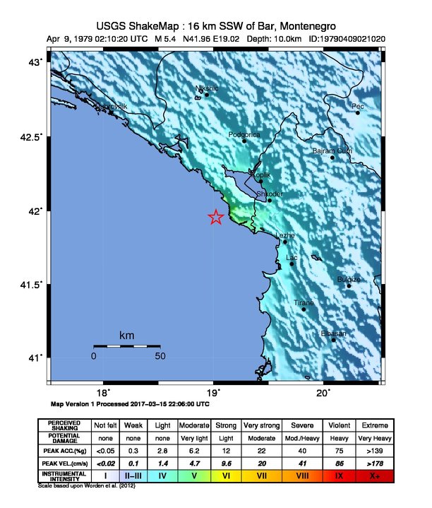 USGS ShakeMap: estimated shaking intensity around the epicenter