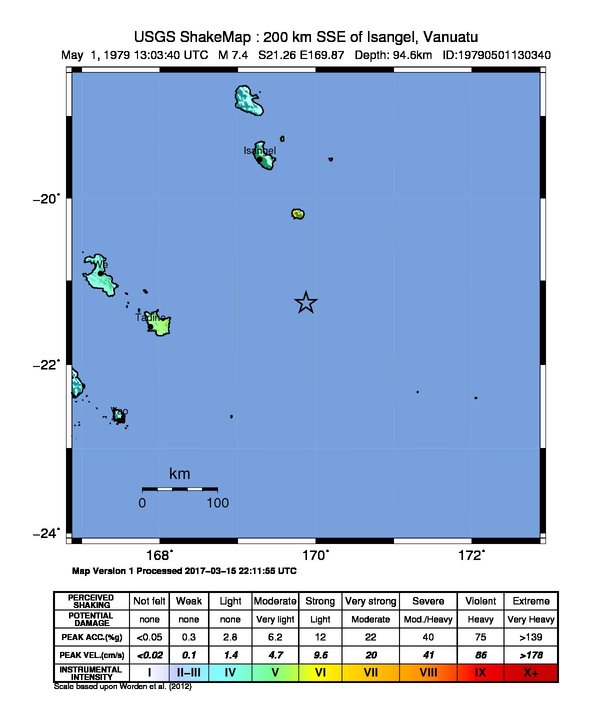 USGS ShakeMap: estimated shaking intensity around the epicenter
