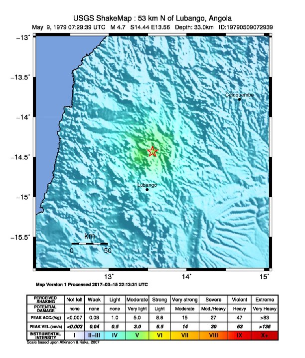 USGS ShakeMap: estimated shaking intensity around the epicenter
