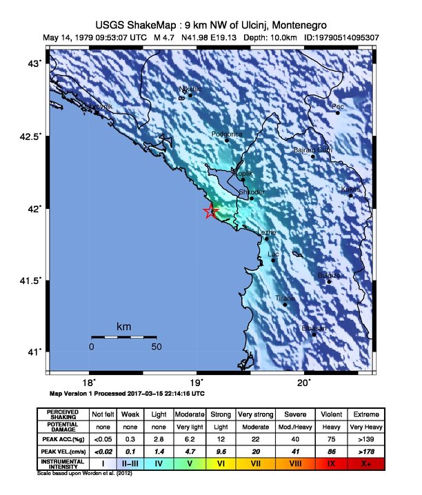 USGS ShakeMap: estimated shaking intensity around the epicenter