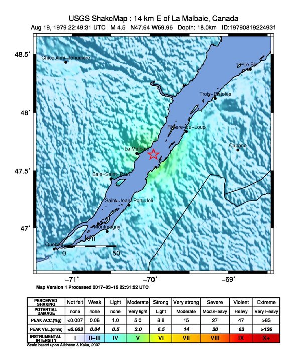 USGS ShakeMap: estimated shaking intensity around the epicenter
