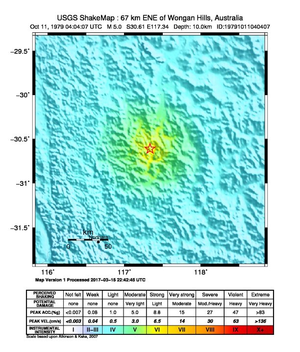 USGS ShakeMap: estimated shaking intensity around the epicenter