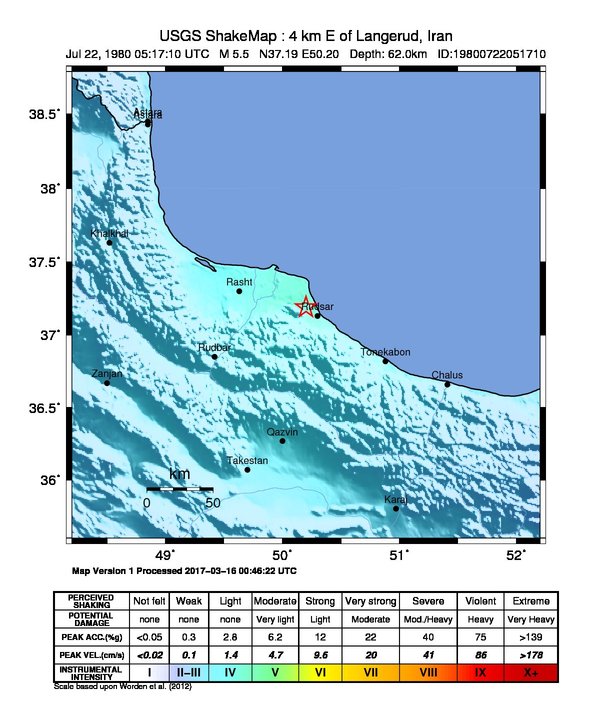 USGS ShakeMap: estimated shaking intensity around the epicenter
