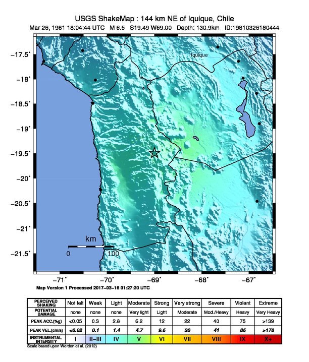 USGS ShakeMap: estimated shaking intensity around the epicenter