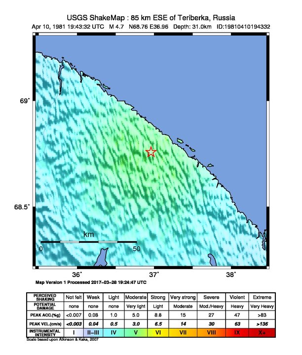 USGS ShakeMap: estimated shaking intensity around the epicenter