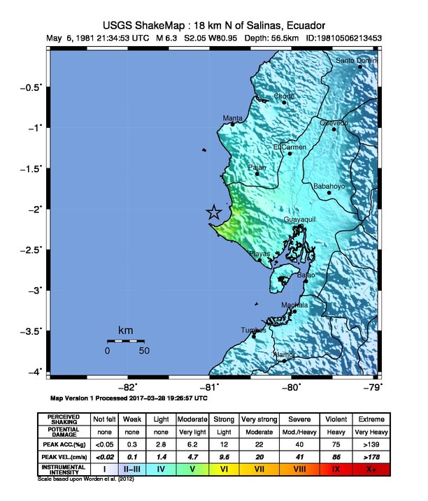USGS ShakeMap: estimated shaking intensity around the epicenter