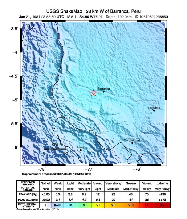 USGS ShakeMap: estimated shaking intensity around the epicenter