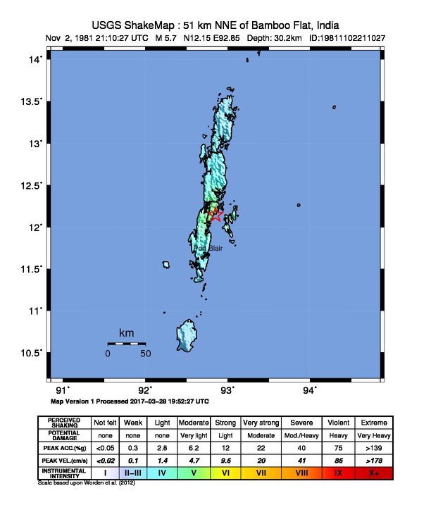 USGS ShakeMap: estimated shaking intensity around the epicenter