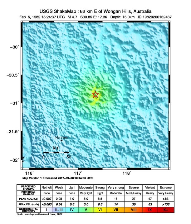USGS ShakeMap: estimated shaking intensity around the epicenter