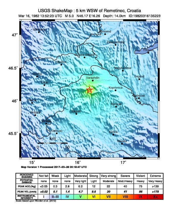 USGS ShakeMap: estimated shaking intensity around the epicenter