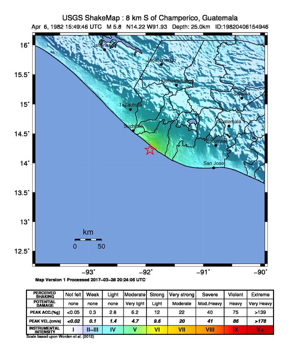 USGS ShakeMap: estimated shaking intensity around the epicenter