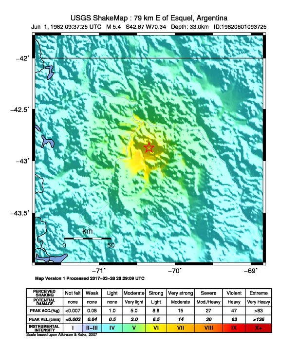 USGS ShakeMap: estimated shaking intensity around the epicenter