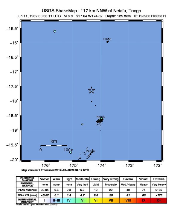 USGS ShakeMap: estimated shaking intensity around the epicenter