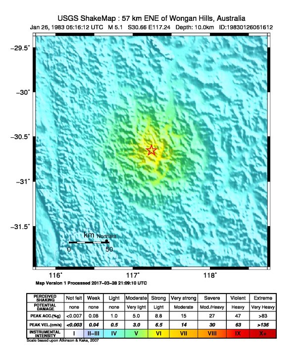 USGS ShakeMap: estimated shaking intensity around the epicenter