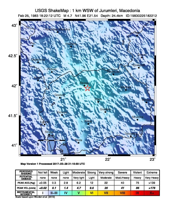 USGS ShakeMap: estimated shaking intensity around the epicenter