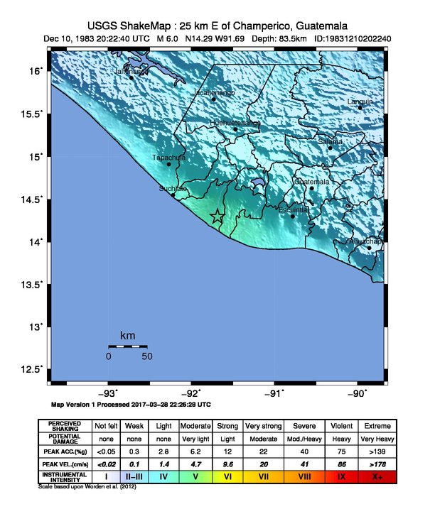 USGS ShakeMap: estimated shaking intensity around the epicenter
