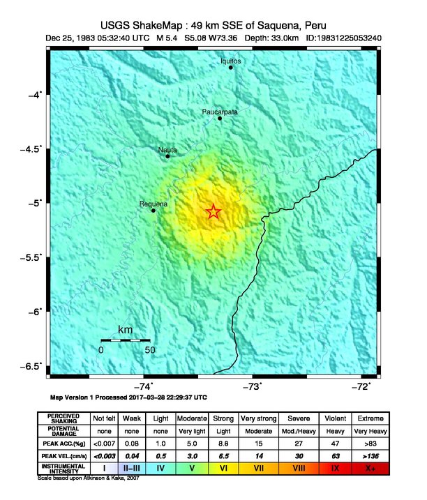 USGS ShakeMap: estimated shaking intensity around the epicenter