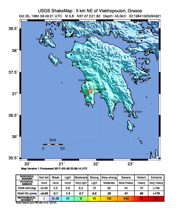 USGS ShakeMap: estimated shaking intensity around the epicenter