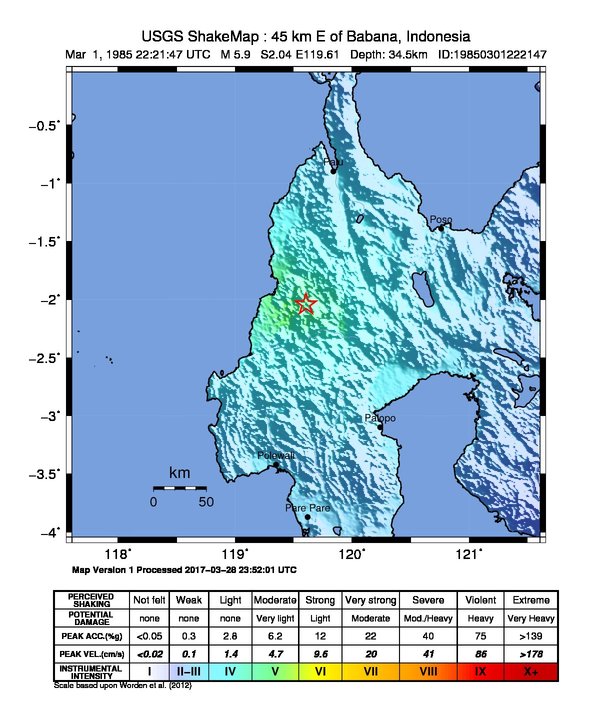 USGS ShakeMap: estimated shaking intensity around the epicenter