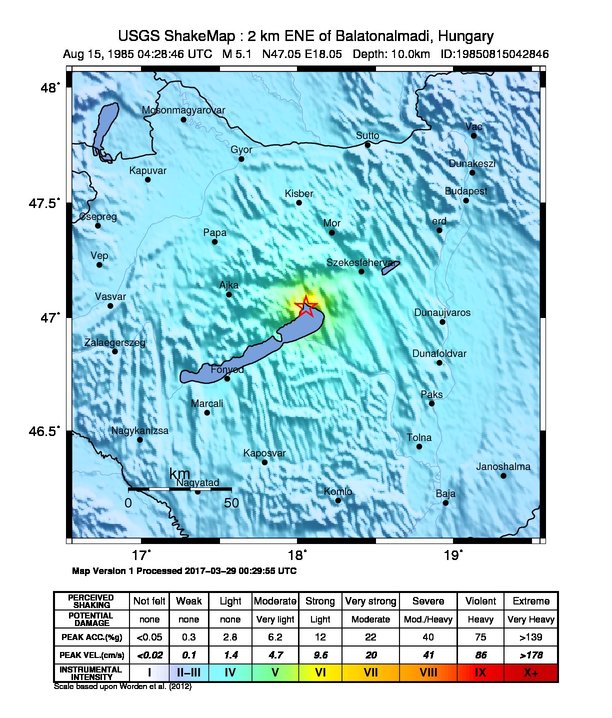 USGS ShakeMap: estimated shaking intensity around the epicenter