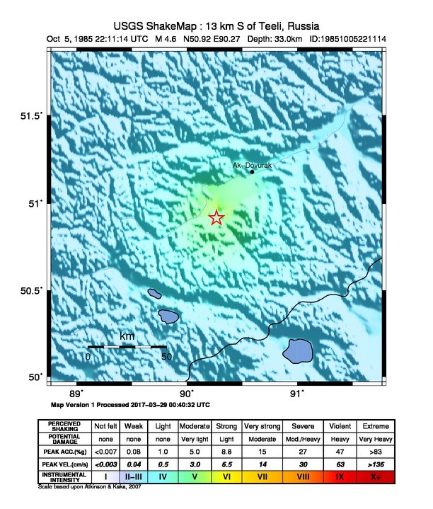 USGS ShakeMap: estimated shaking intensity around the epicenter