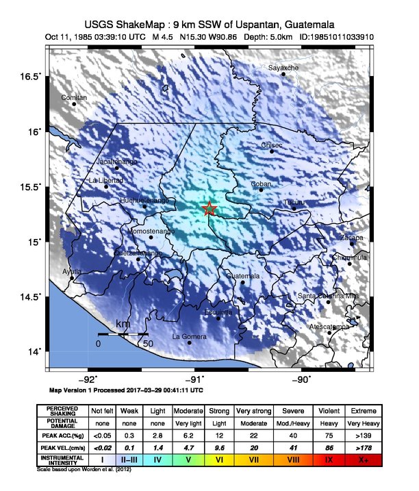 USGS ShakeMap: estimated shaking intensity around the epicenter
