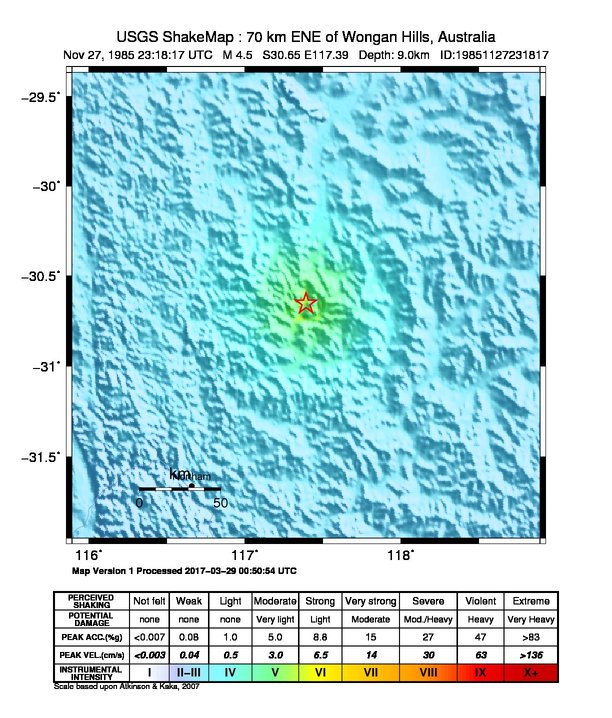 USGS ShakeMap: estimated shaking intensity around the epicenter