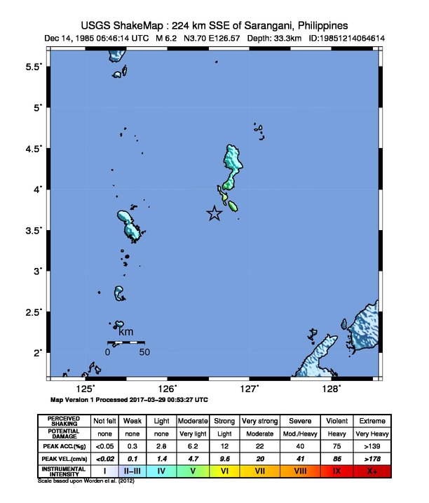 USGS ShakeMap: estimated shaking intensity around the epicenter
