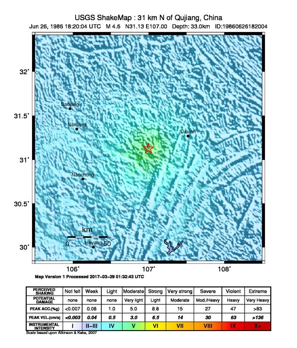 USGS ShakeMap: estimated shaking intensity around the epicenter