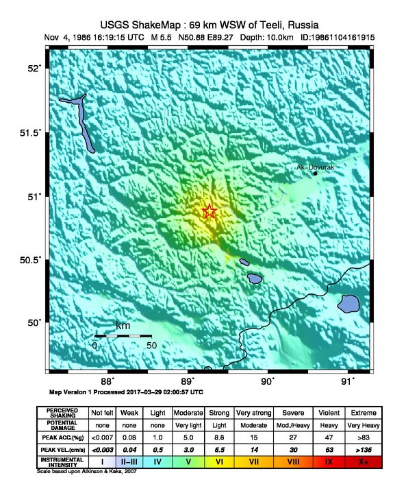 USGS ShakeMap: estimated shaking intensity around the epicenter