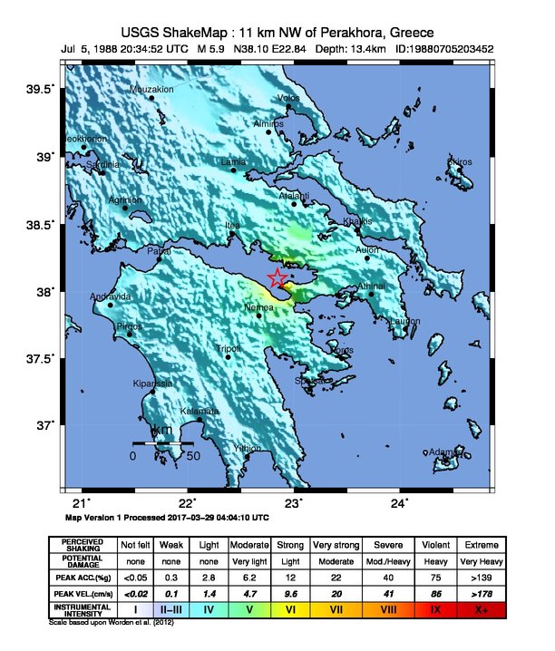USGS ShakeMap: estimated shaking intensity around the epicenter
