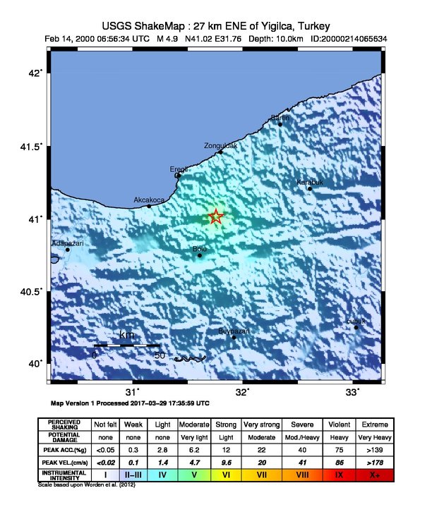 USGS ShakeMap: estimated shaking intensity around the epicenter