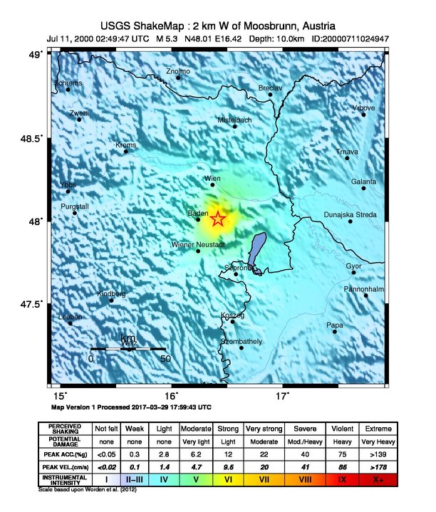 USGS ShakeMap: estimated shaking intensity around the epicenter