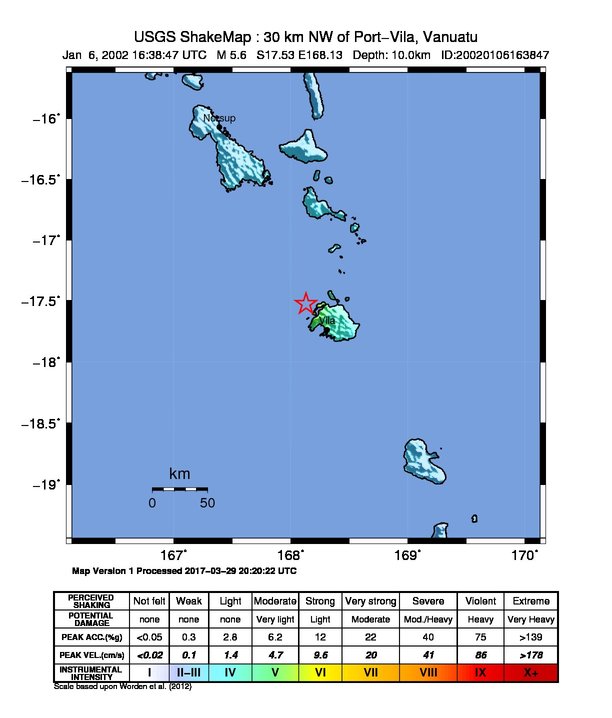 USGS ShakeMap: estimated shaking intensity around the epicenter
