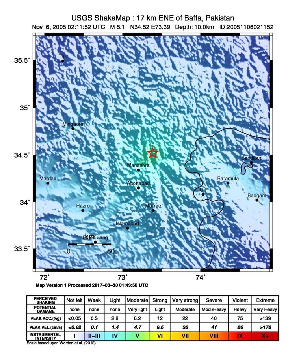 USGS ShakeMap: estimated shaking intensity around the epicenter