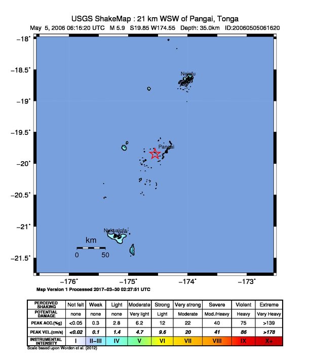 USGS ShakeMap: estimated shaking intensity around the epicenter
