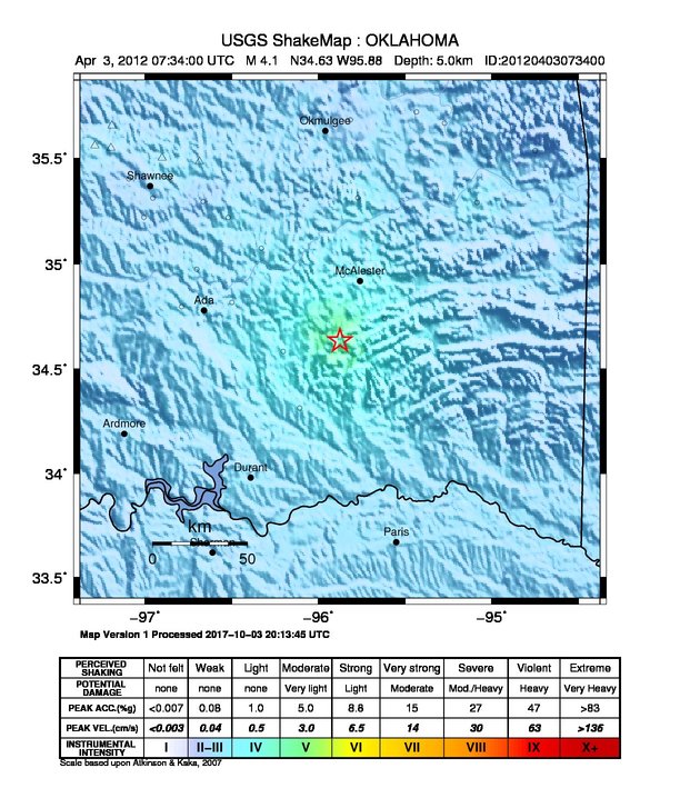 USGS ShakeMap: estimated shaking intensity around the epicenter
