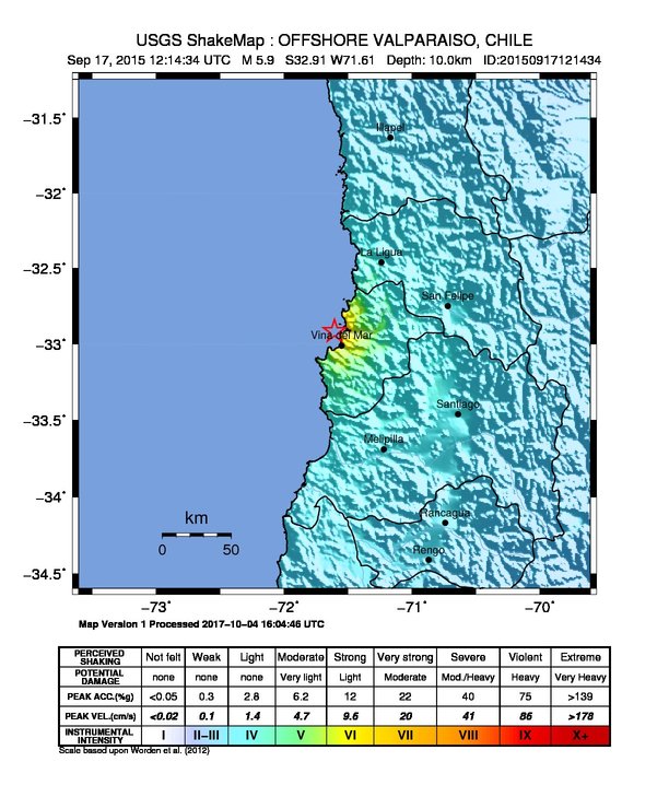 USGS ShakeMap: estimated shaking intensity around the epicenter