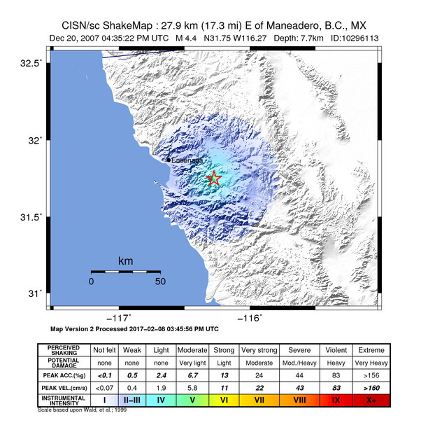 USGS ShakeMap: estimated shaking intensity around the epicenter