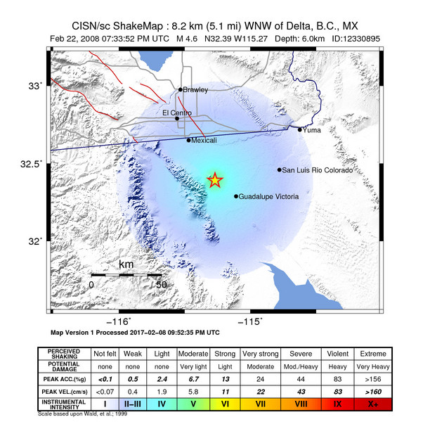USGS ShakeMap: estimated shaking intensity around the epicenter