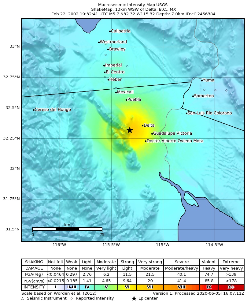 USGS ShakeMap: estimated shaking intensity around the epicenter