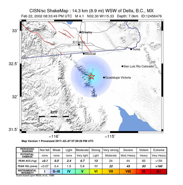 USGS ShakeMap: estimated shaking intensity around the epicenter