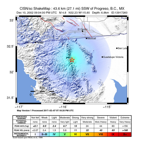 USGS ShakeMap: estimated shaking intensity around the epicenter