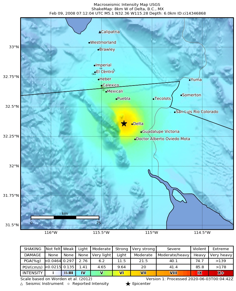 USGS ShakeMap: estimated shaking intensity around the epicenter