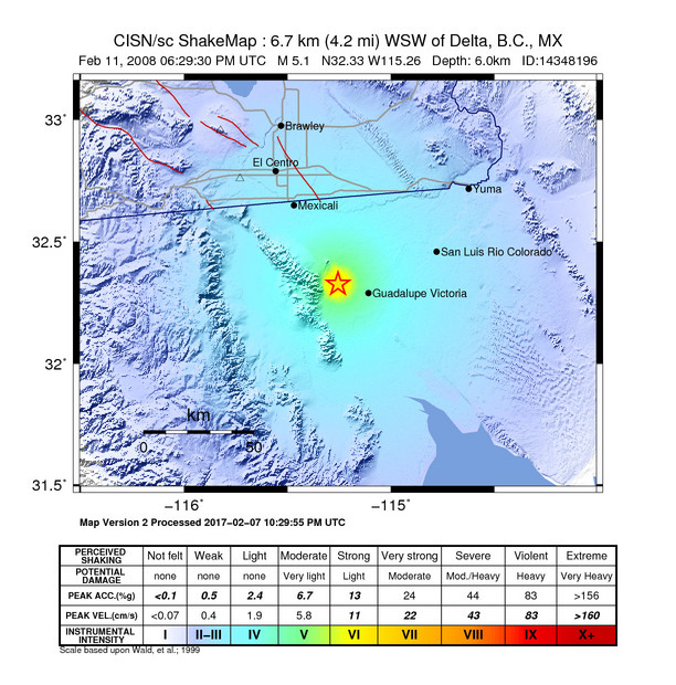 USGS ShakeMap: estimated shaking intensity around the epicenter