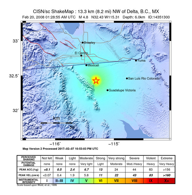 USGS ShakeMap: estimated shaking intensity around the epicenter